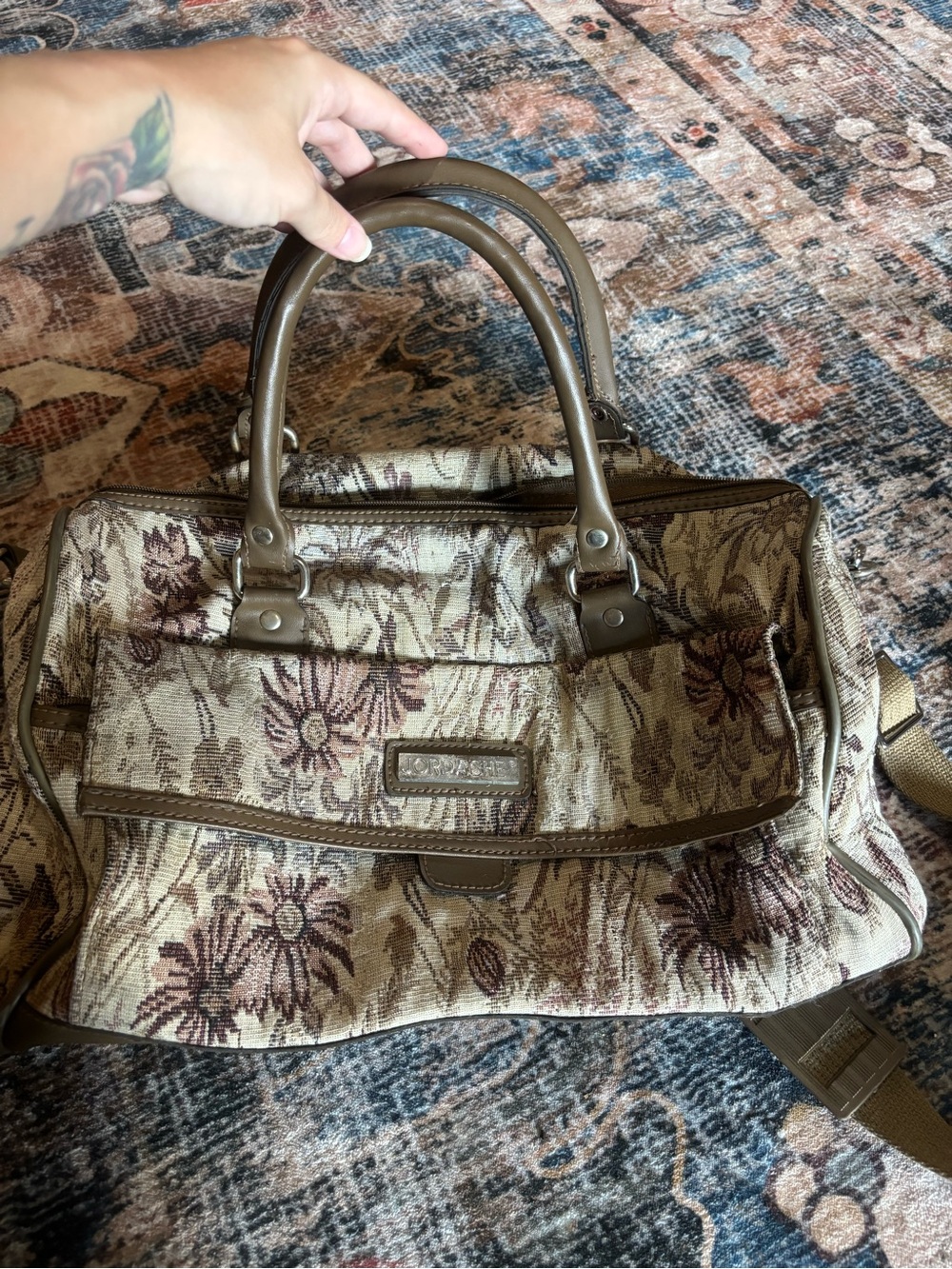 Jordache Floral Jacquard Satchel in Brown and Cream